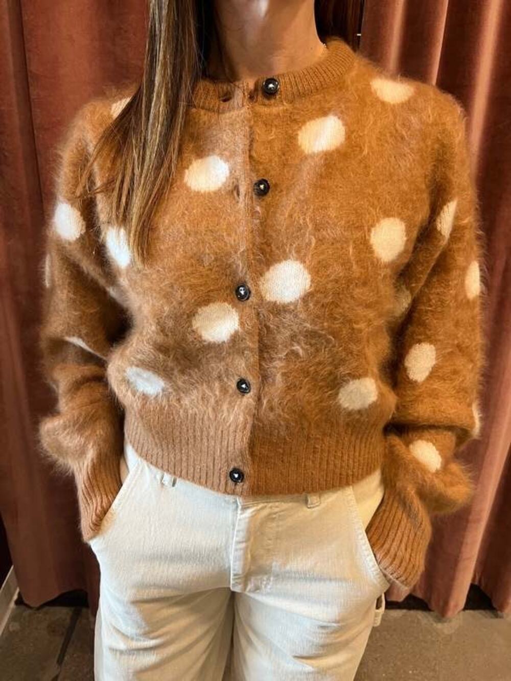 Naked Cashmere No Name Dotty Mini Cardigan Sweater Earth Cloud Polka Dot Sz S